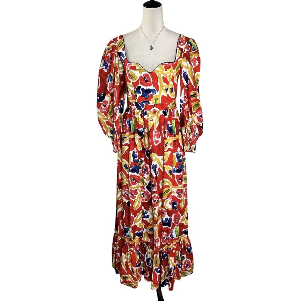 De Loreta Sweetheart Puff Sleeve Cotton Maxi Dress M | Vibrant Abstract Dopamine